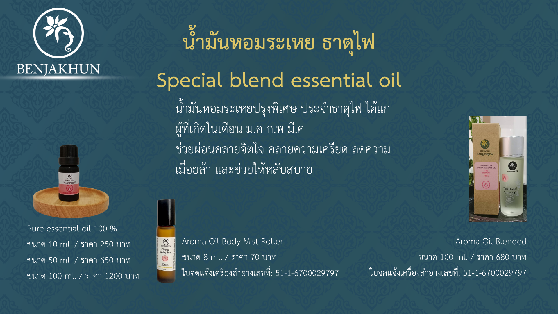 น้ำมันนวดอโรม่า ประจาธาตุไฟ The Element FIRE